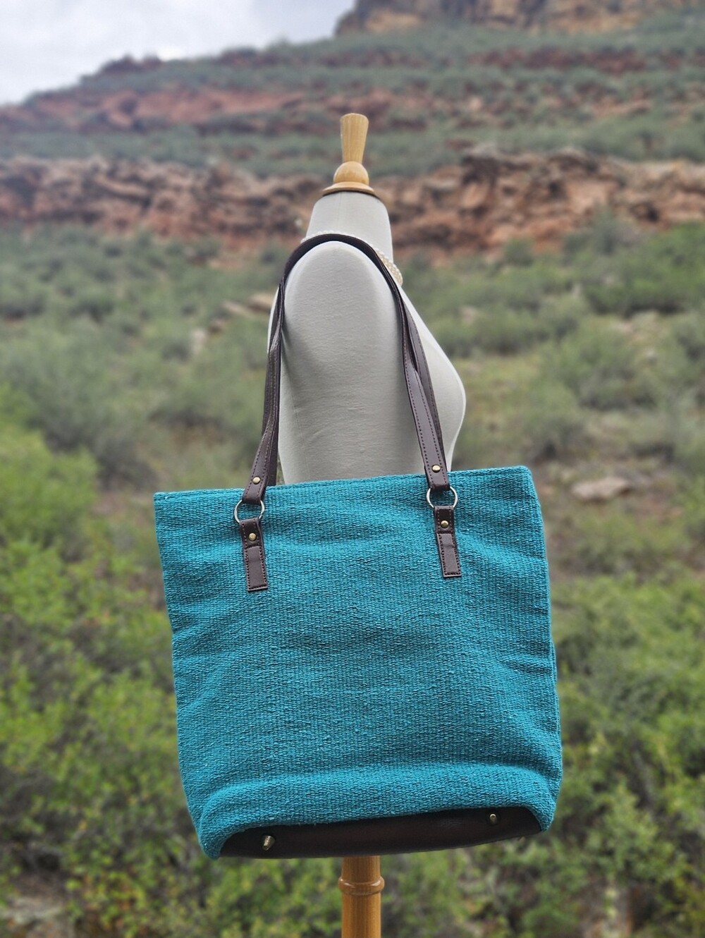 Turquoise Red Southwestern Pattern Tote Bag El Paso Saddleblanket Purse - Picture 3 of 4